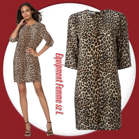Equipment Aubrey Silk Leopard Animal Print 3/4 Sleeves Shift Mini Dress - Picture 1 of 12